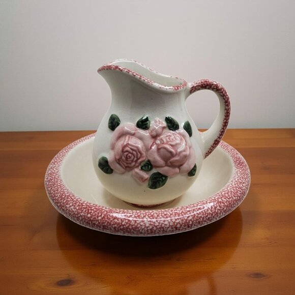 Vintage Wash Basin Bowl and Pitcher with 3D Hand PaintednPink Roses and Sponged - Picture 3 of 7